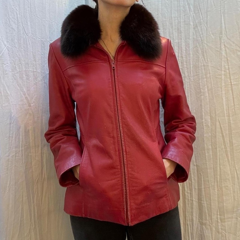 Red Leather Fox Fur Jacket by Worthington Vintage Y2K Small Removeable Fur
